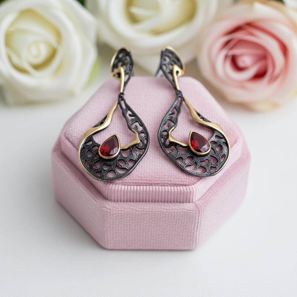 1.05Ct Natural Garnet Handmade Hollow Drop Earrings-Black Diamonds New York