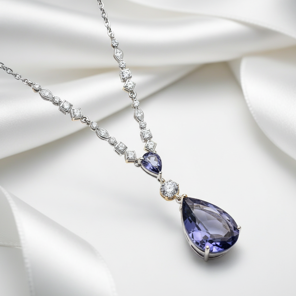 Pear-cut Lolite Blue Mystic Quartz Pendant Necklace-Black Diamonds New York