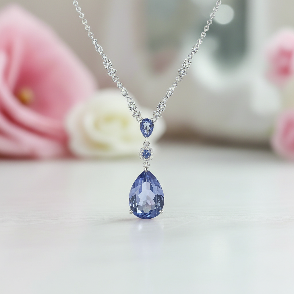 Pear-cut Lolite Blue Mystic Quartz Pendant Necklace-Black Diamonds New York