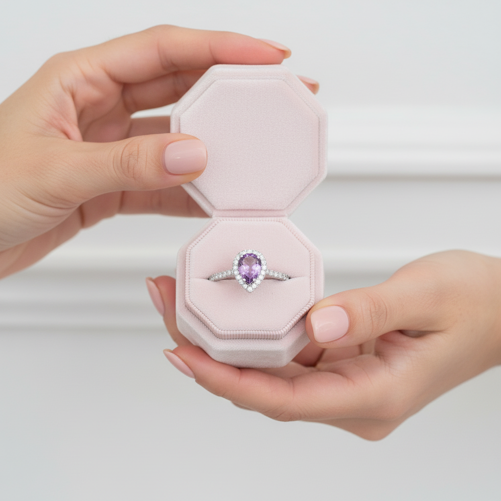 1.08Ct Purple Amethyst Engagement Ring-Black Diamonds New York