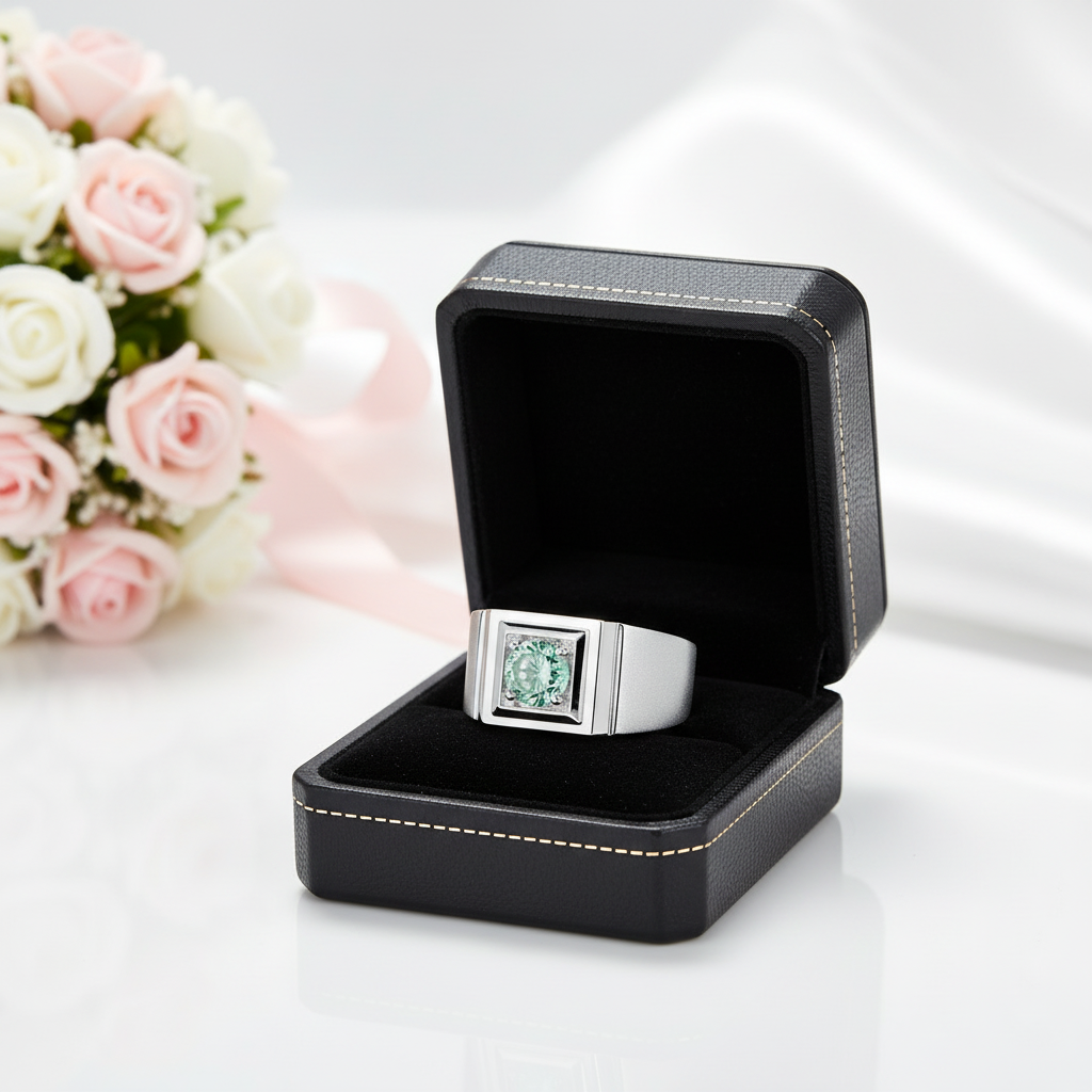 1.0Ct 6.5mm Green Diamond Option Men's Ring-Black Diamonds New York