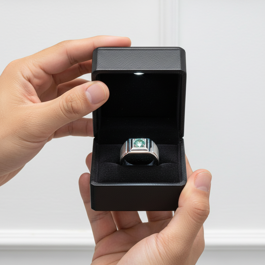 Hand holding a black jewelry box with a silver ring inside against a white background