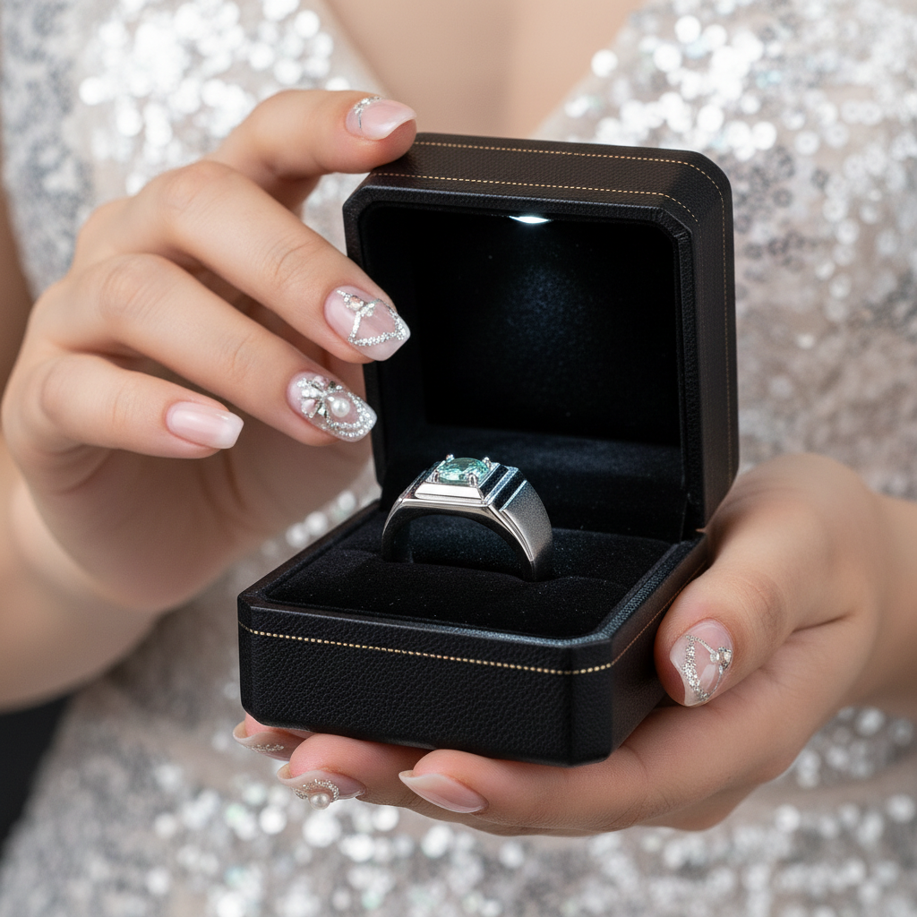 Hand holding a black jewelry box with a silver ring featuring a green gemstone against a sparkling background.
