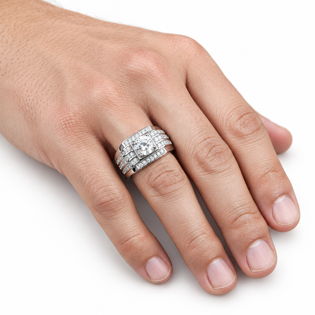 A close-up of a hand wearing a three-band diamond ring set in silver-toned metal, photographed against a clean white background.