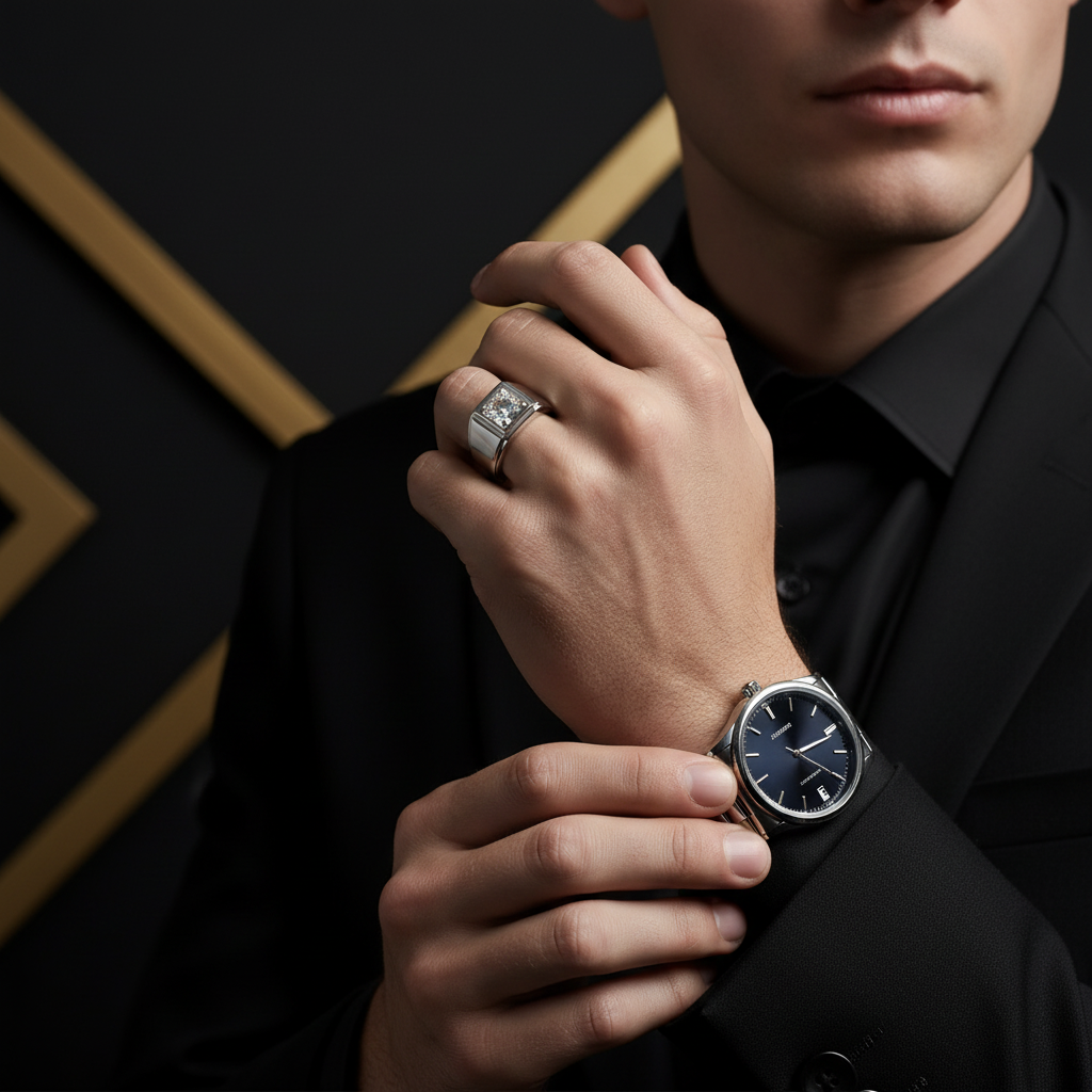 Man wearing a black suit with a watch and ring, against a dark background
