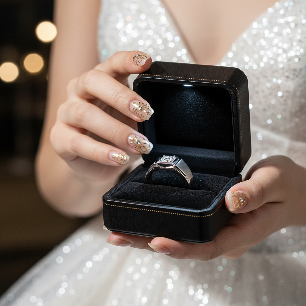 Person holding a black jewelry box with a ring inside, wearing a sparkling outfit.