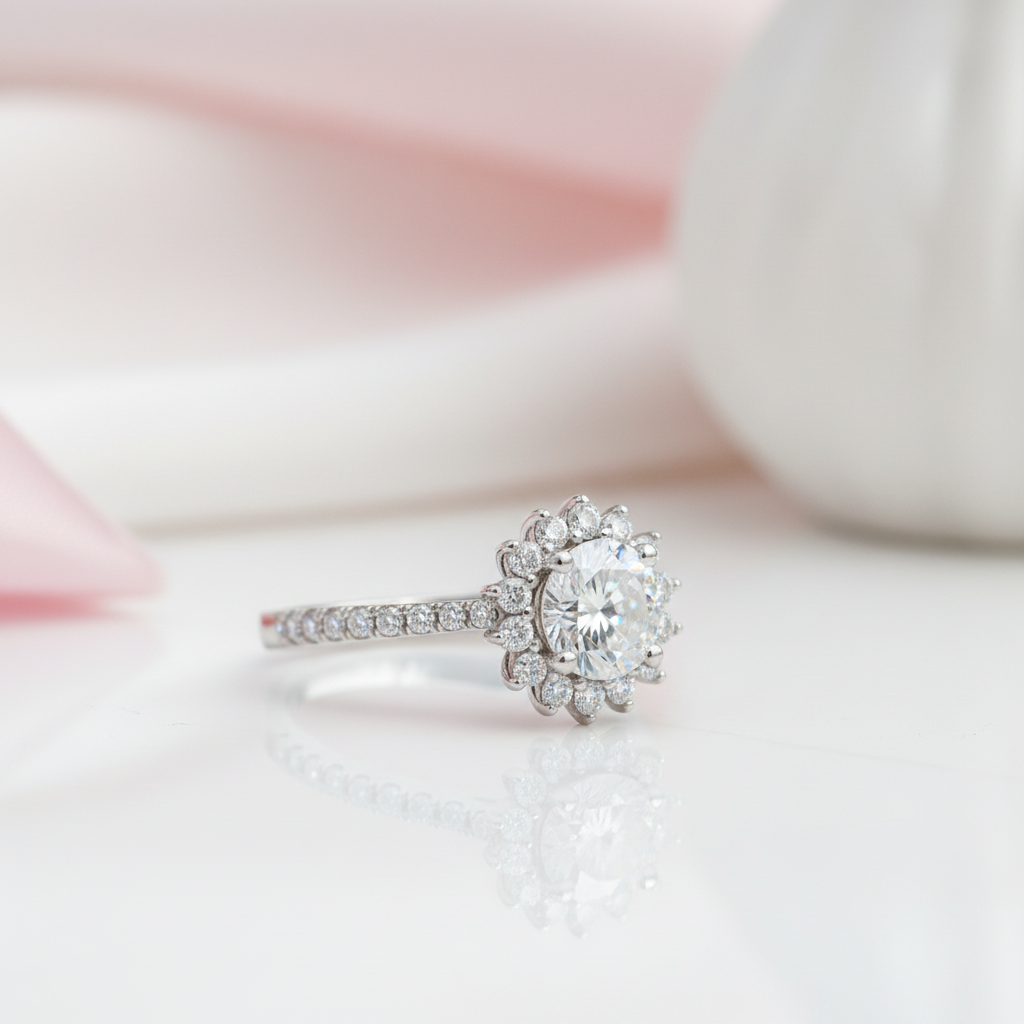 1.0Ct 6.5mm VVS1 Diamond Option Sun Flower Engagement Ring-Black Diamonds New York