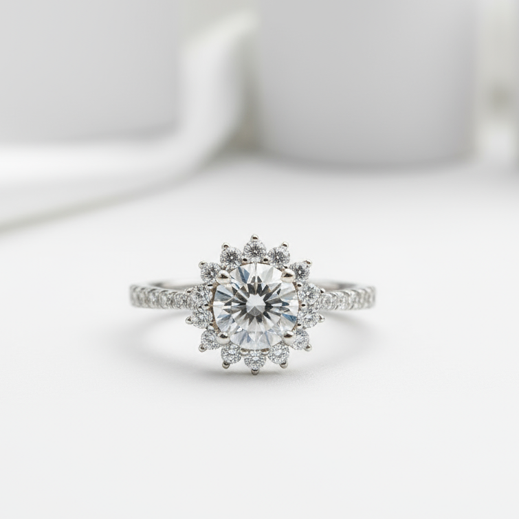 1.0Ct 6.5mm VVS1 Diamond Sun Flower Engagement Ring-Black Diamonds New York