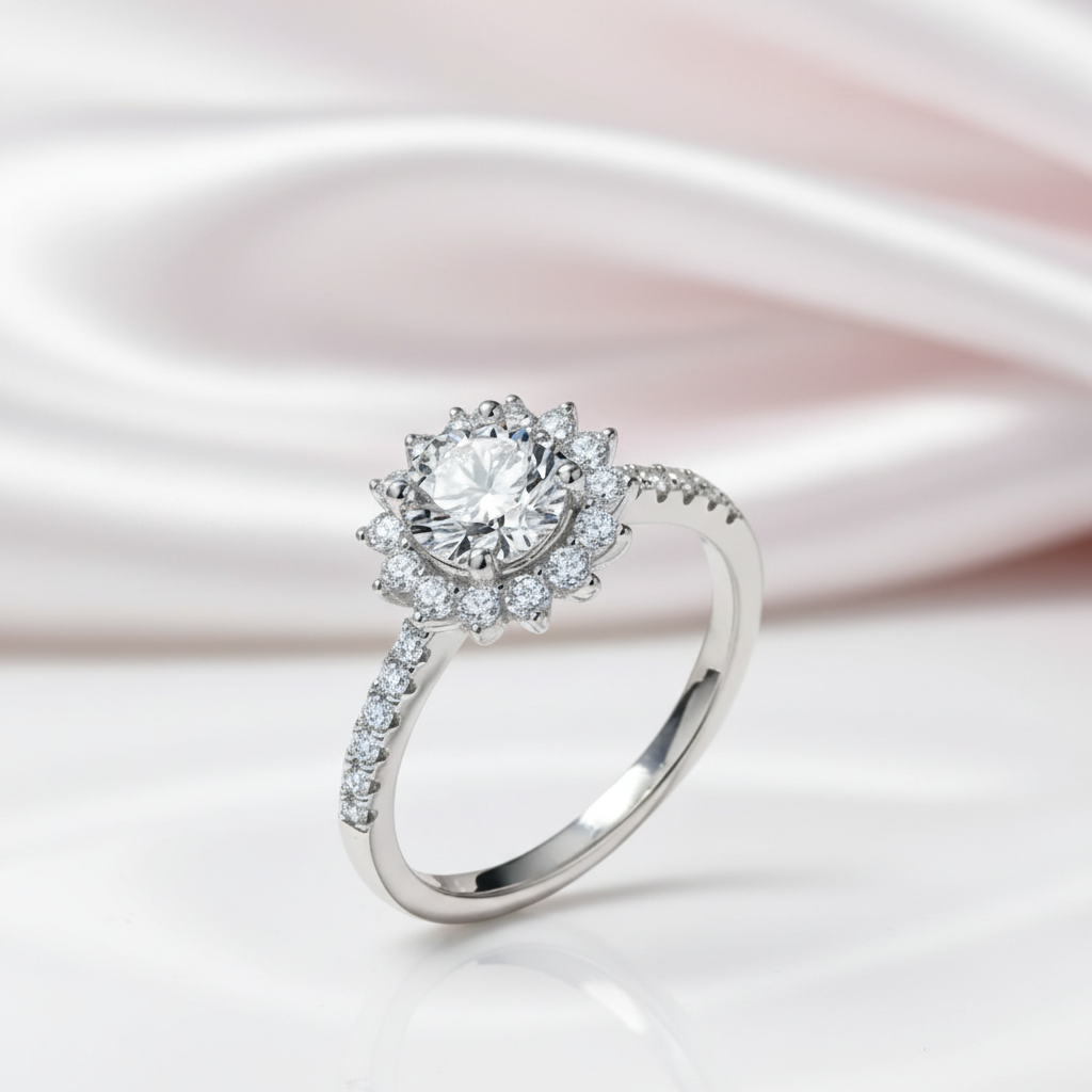 1.0Ct 6.5mm VVS1 Diamond Option Sun Flower Engagement Ring-Black Diamonds New York