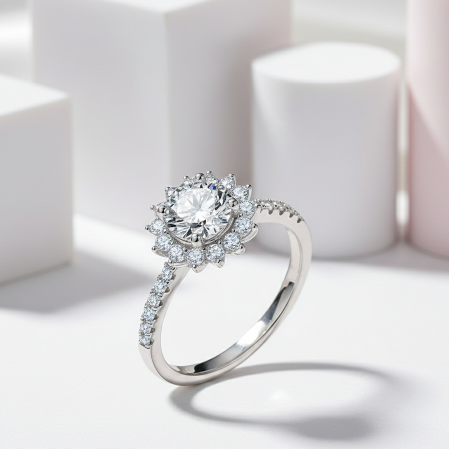 1.0Ct 6.5mm VVS1 Diamond Sun Flower Engagement Ring-Black Diamonds New York