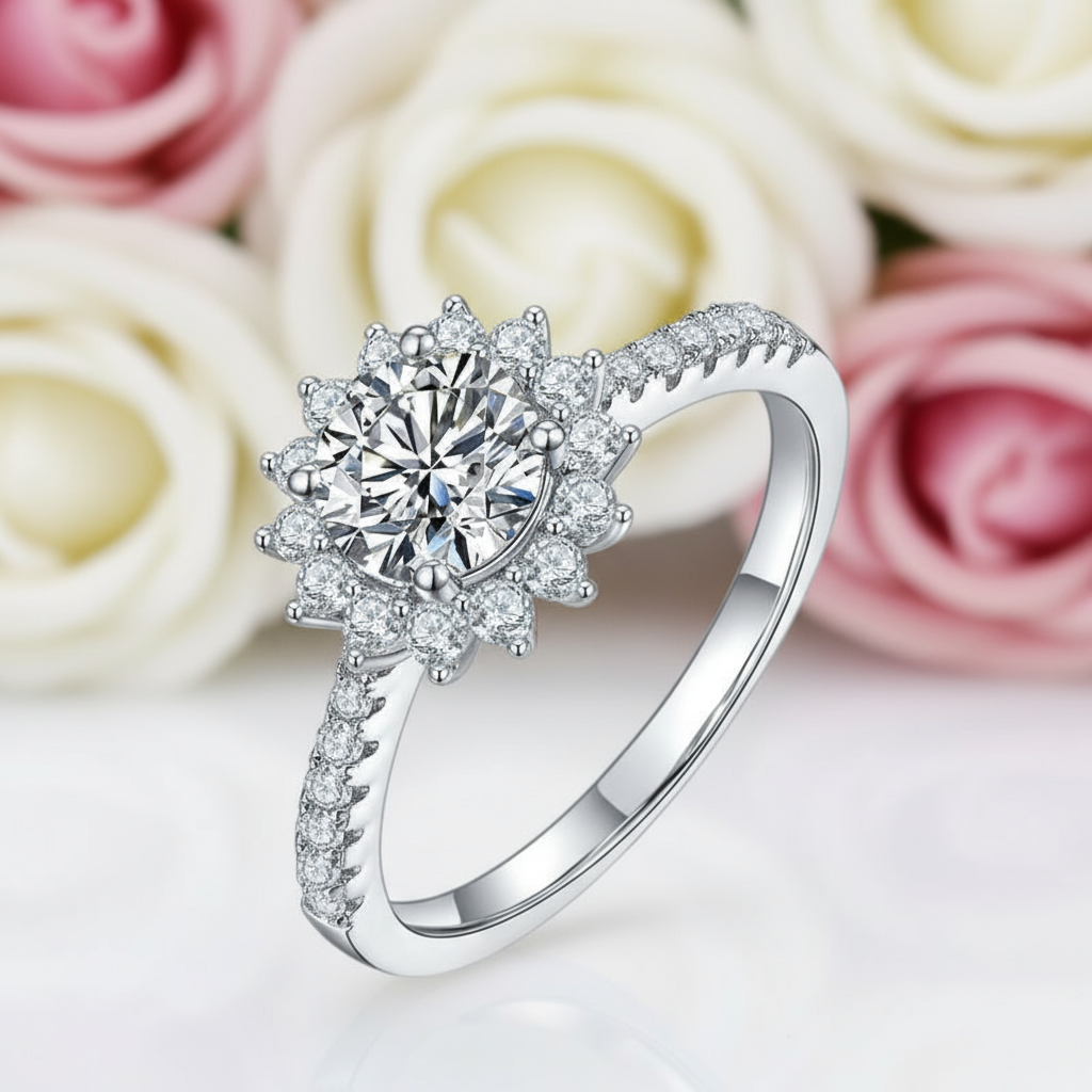 1.0Ct 6.5mm VVS1 Diamond Sun Flower Engagement Ring-Black Diamonds New York