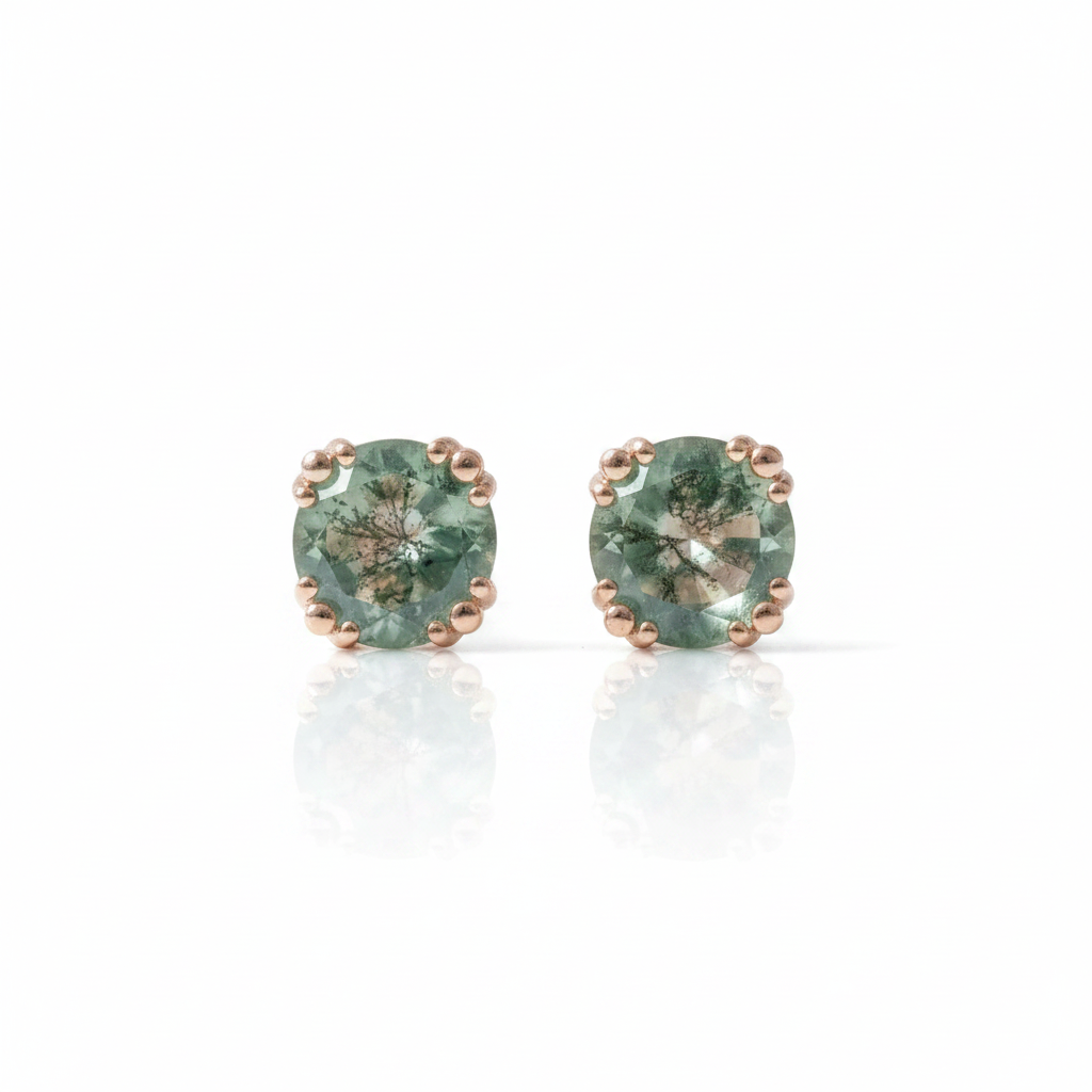 1.0 Ct 6mm Round Cut Moss Agate Claw Prongs Studs Earrings-Black Diamonds New York