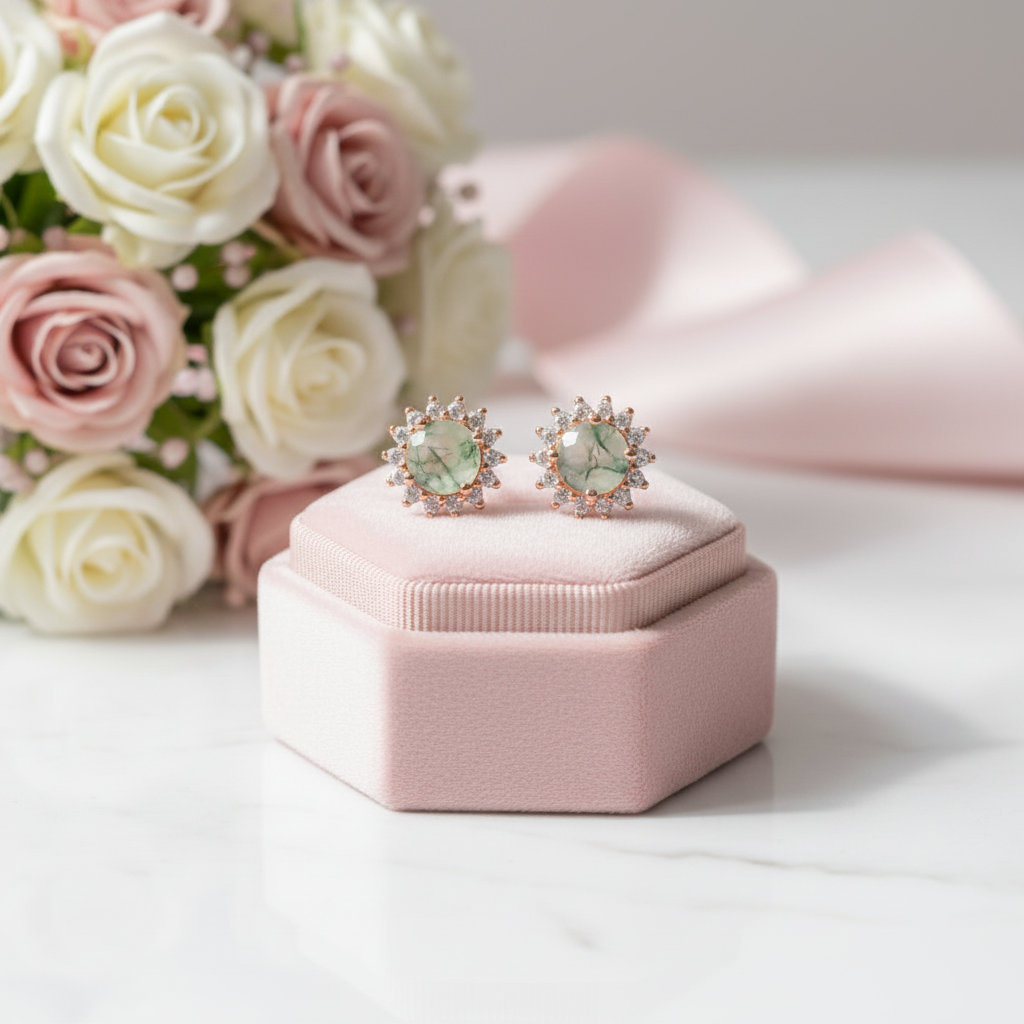 1.0 Ct 6mm Round Cut Moss Agate Snowflake Halo Studs Earring-Black Diamonds New York