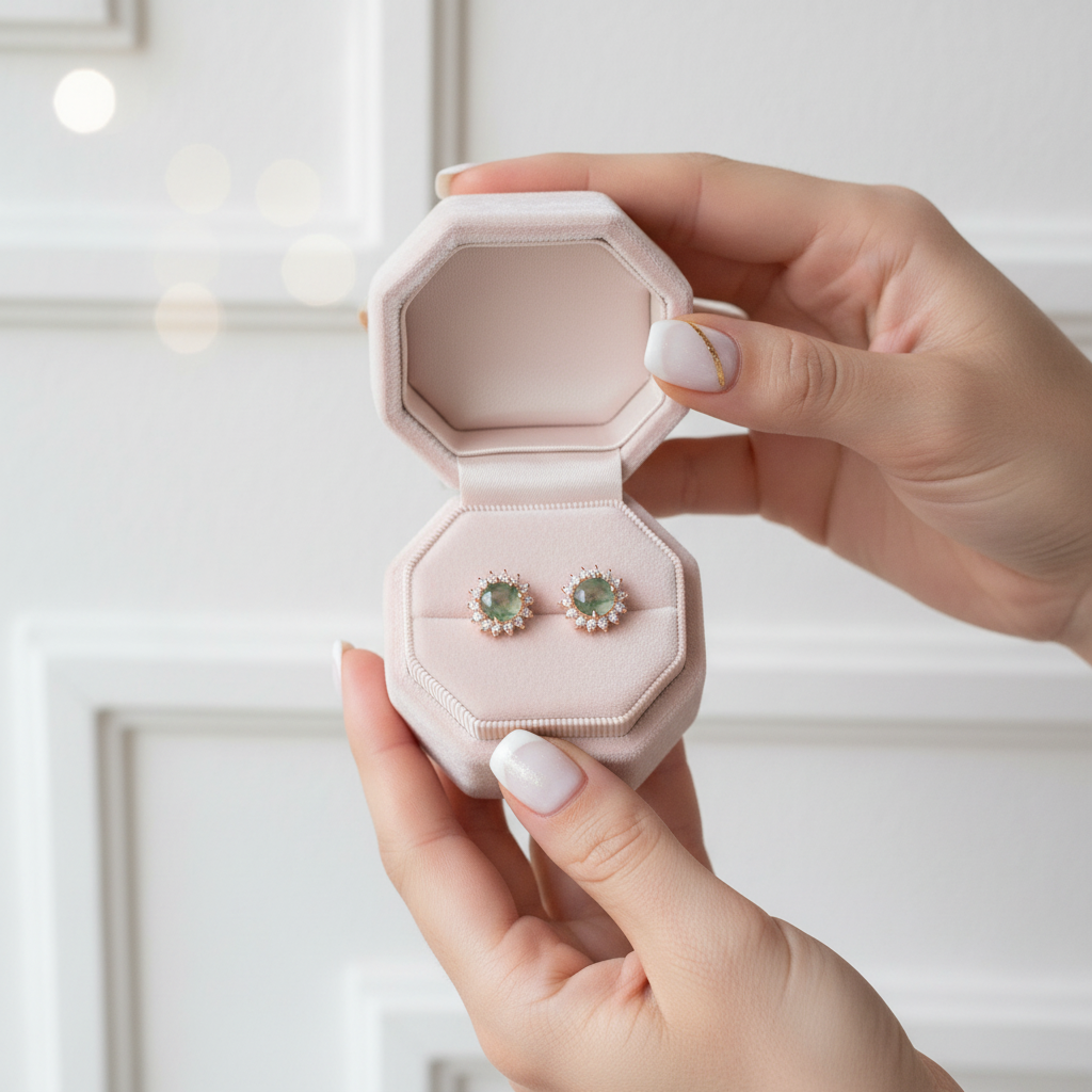 1.0 Ct 6mm Round Cut Moss Agate Snowflake Halo Studs Earring-Black Diamonds New York