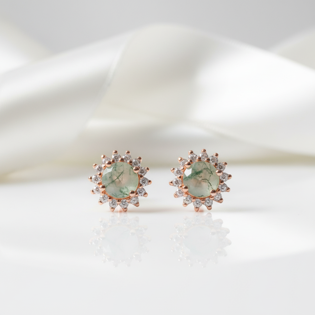 1.0 Ct 6mm Round Cut Moss Agate Snowflake Halo Studs Earring-Black Diamonds New York