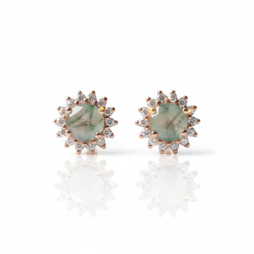 1.0 Ct 6mm Round Cut Moss Agate Snowflake Halo Studs Earring-Black Diamonds New York