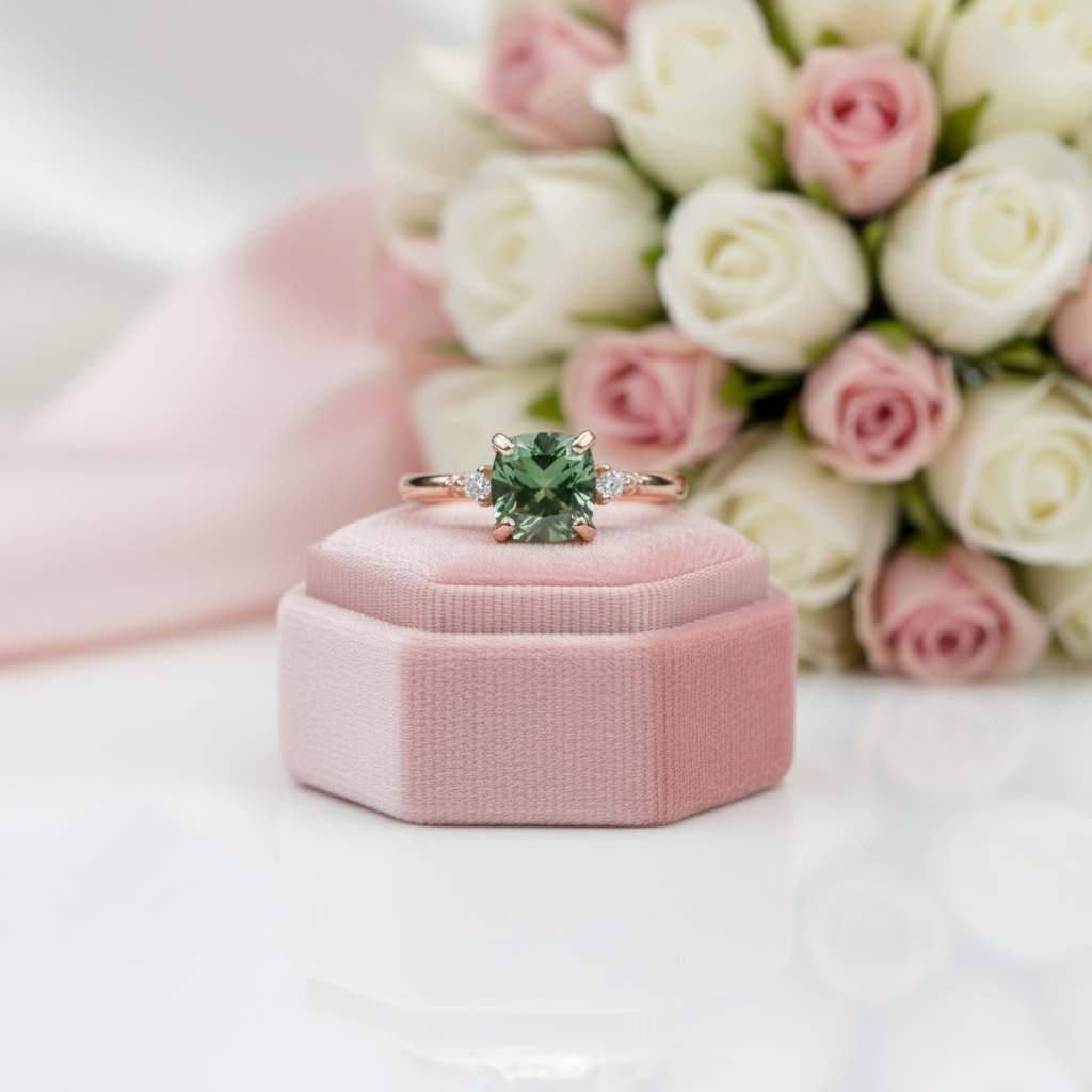 Green gemstone ring in a pink box with flowers in the background