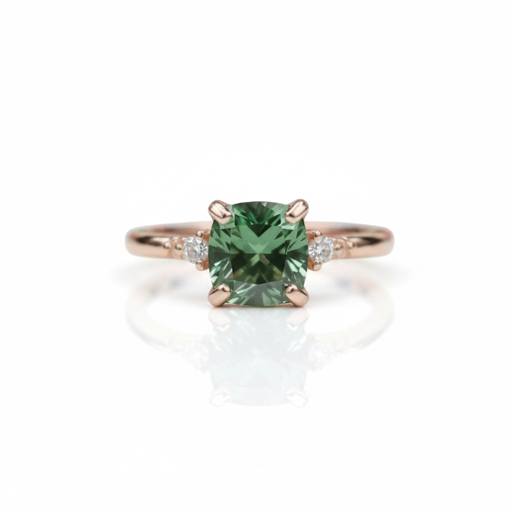 A rose gold ring featuring a cushion-cut green gemstone in a four-prong setting, accented by small round diamonds on either side of the band, shown on a clean white background with a soft reflection.