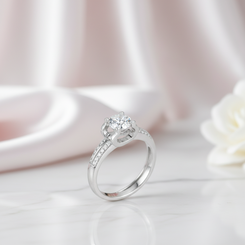 Silver ring with a diamond on a soft pink background