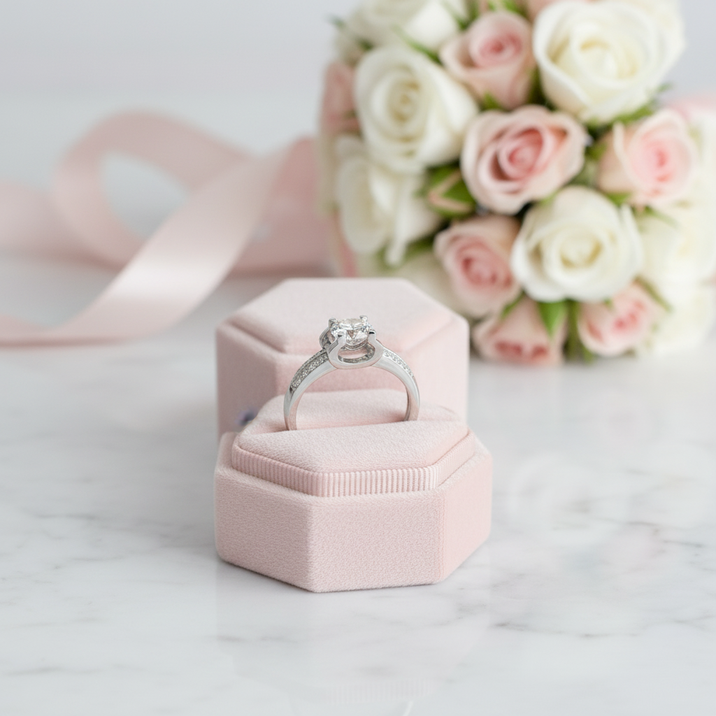 Engagement ring in a pink box with a bouquet of flowers in the background