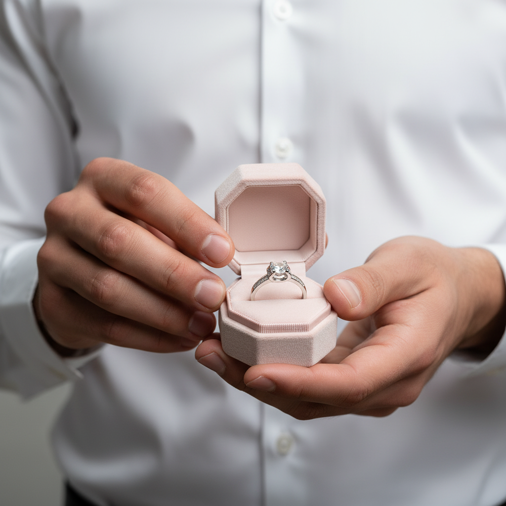 Person holding a pink jewelry box with a ring inside, wearing a white shirt.