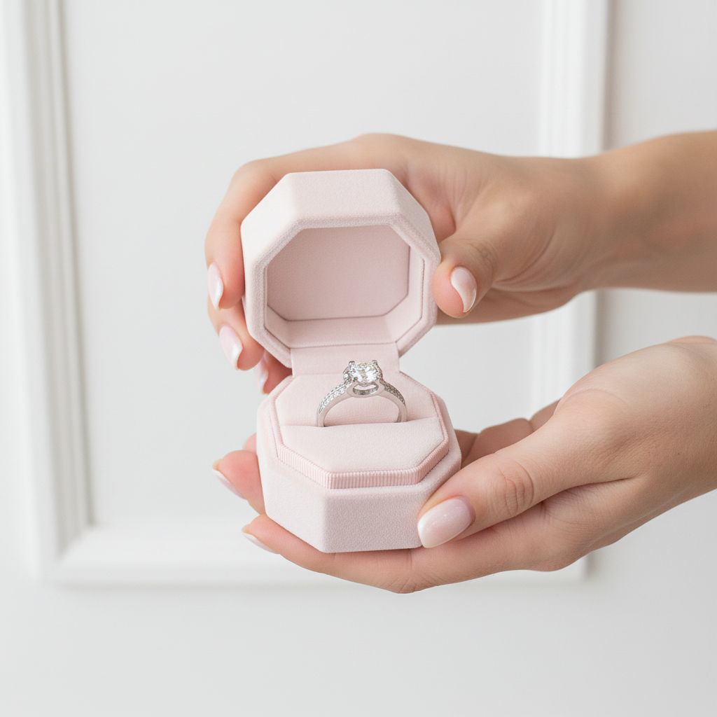 Hand holding a pink jewelry box with a diamond ring inside against a white background