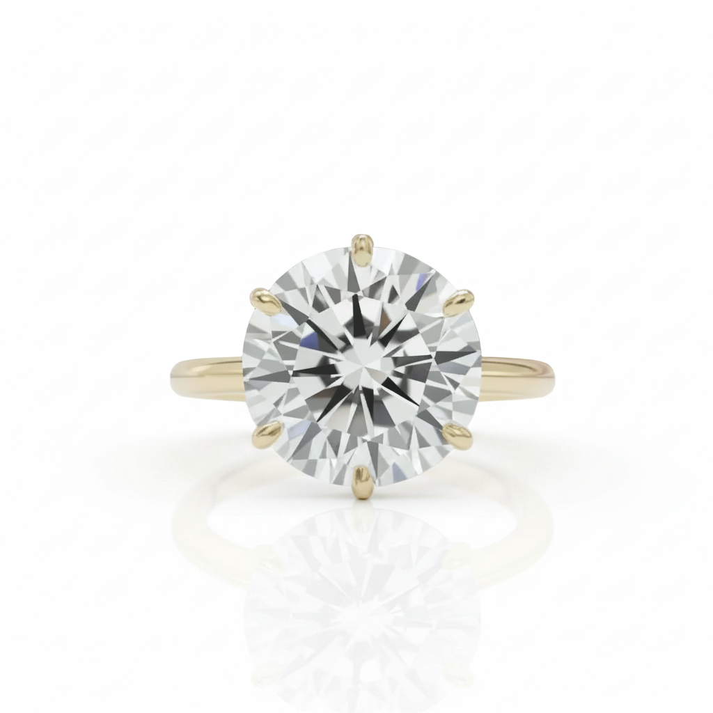 A classic solitaire engagement ring featuring a round brilliant-cut diamond set in a yellow gold four-prong band, shown on a clean white background with a soft reflection below.