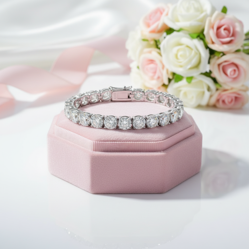Silver bracelet on a pink jewelry box with flowers in the background