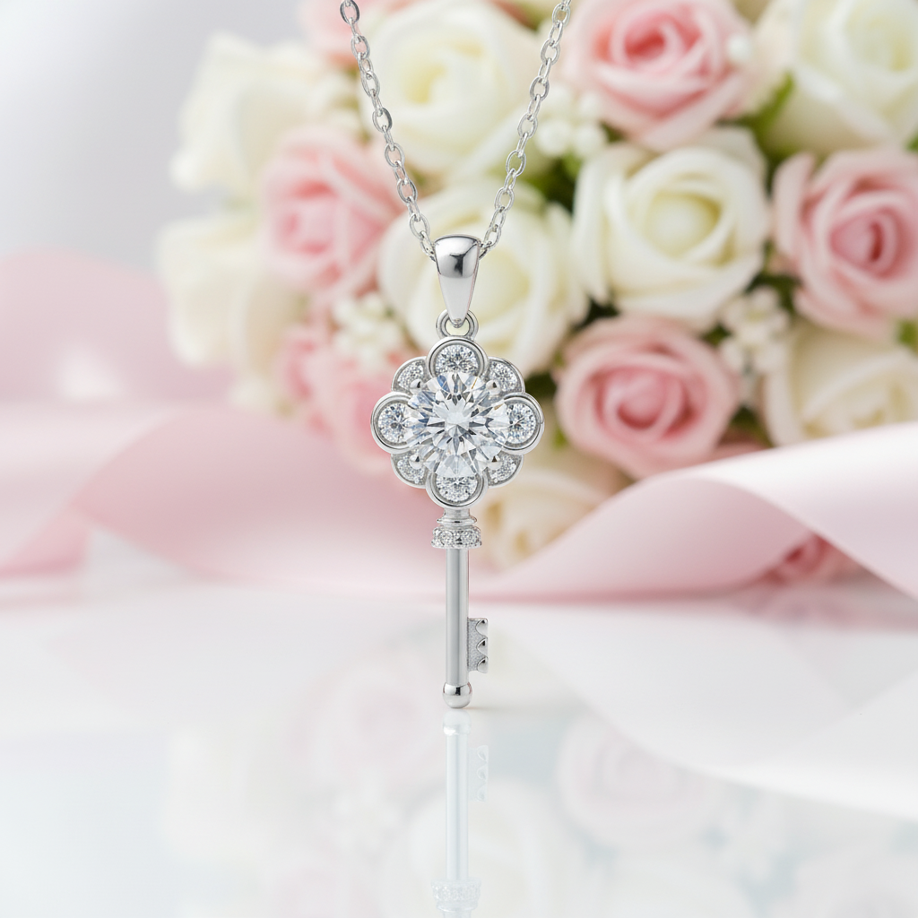 1.0ct Round Cut Diamond Flower Key Necklace-Black Diamonds New York