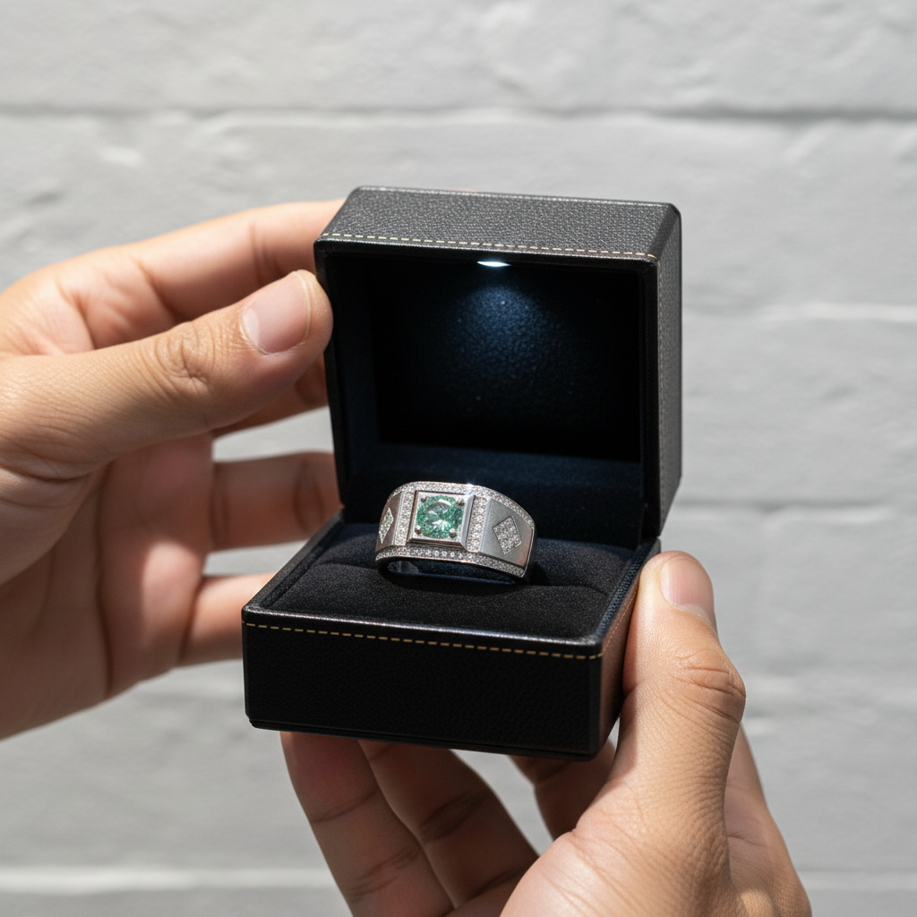 Person holding a black jewelry box with a silver ring featuring a green gemstone.