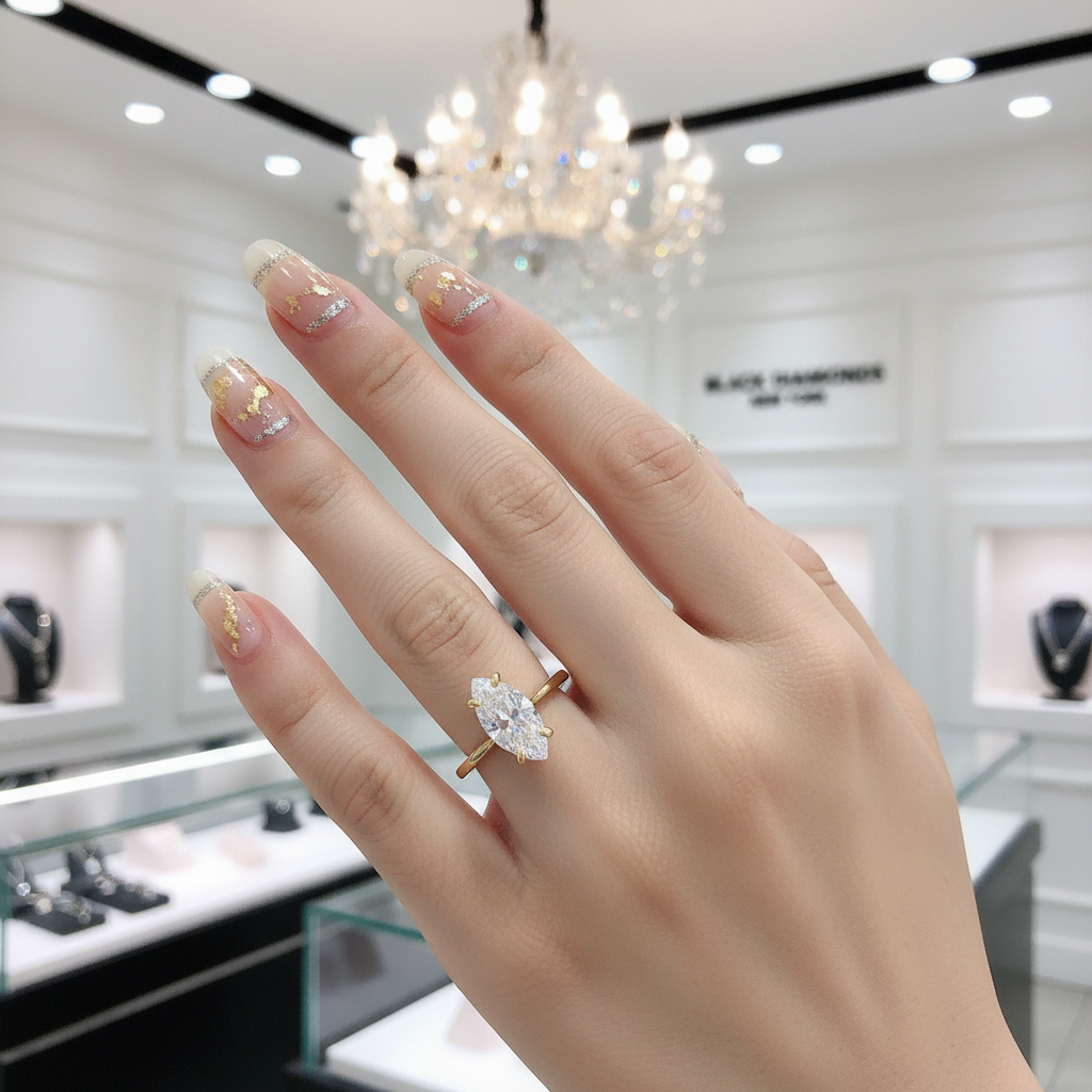 10K Yellow Gold Marquise Cut Diamond Ring-Black Diamonds New York