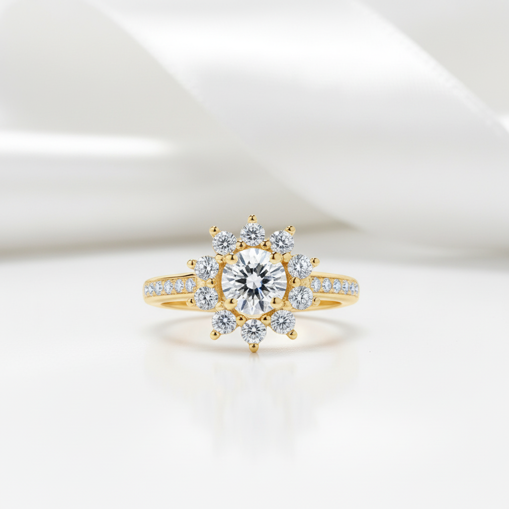 10k Yellow Gold Round Diamond Option Sunflower Shaped Engagement Ring-Black Diamonds New York