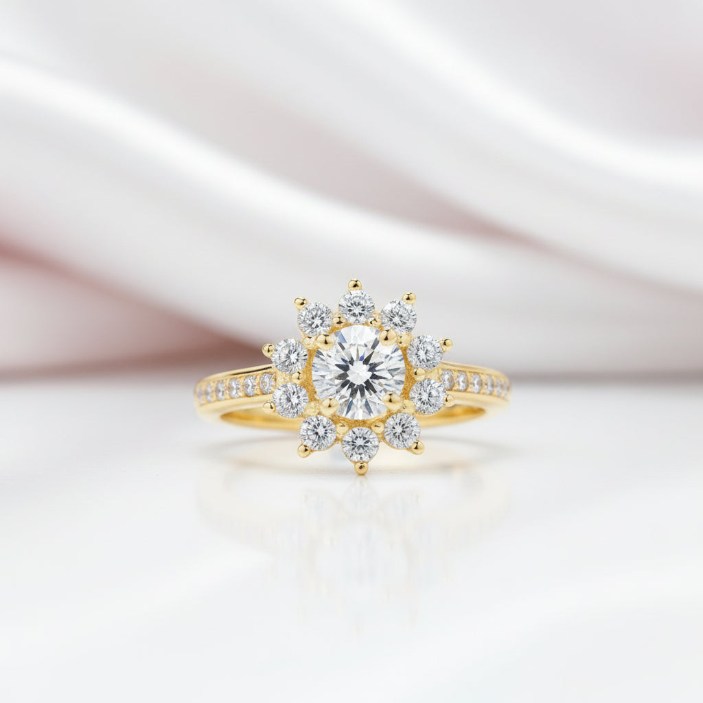 10k Yellow Gold Round Diamond Option Sunflower Shaped Engagement Ring-Black Diamonds New York