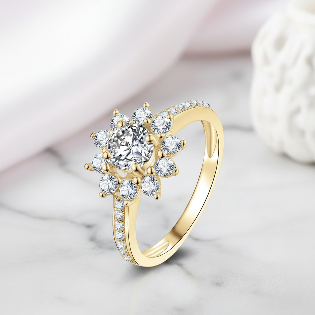 10k Yellow Gold Round Diamond Option Sunflower Shaped Engagement Ring-Black Diamonds New York