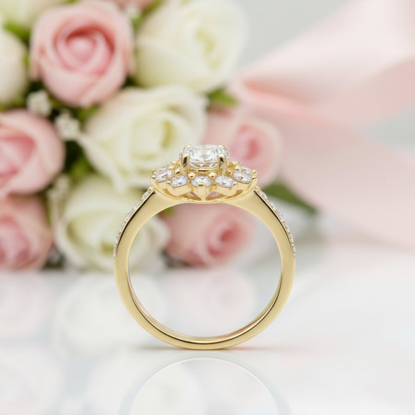 10k Yellow Gold Round Diamond Option Sunflower Shaped Engagement Ring-Black Diamonds New York