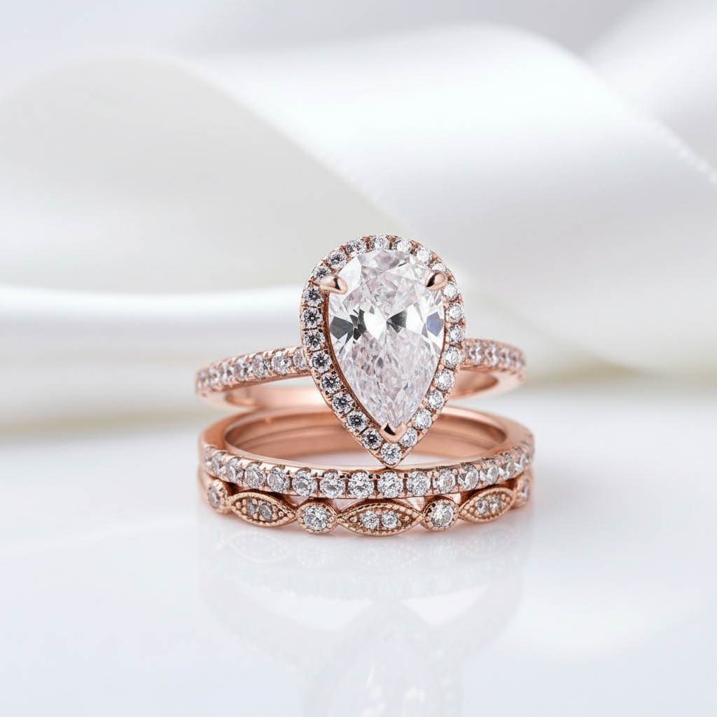 10k Rose Gold Halo Pear Cut Diamond 3pcs Wedding Ring Set-Black Diamonds New York