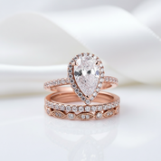 10k Rose Gold Halo Pear Cut Diamond 3pcs Wedding Ring Set-Black Diamonds New York