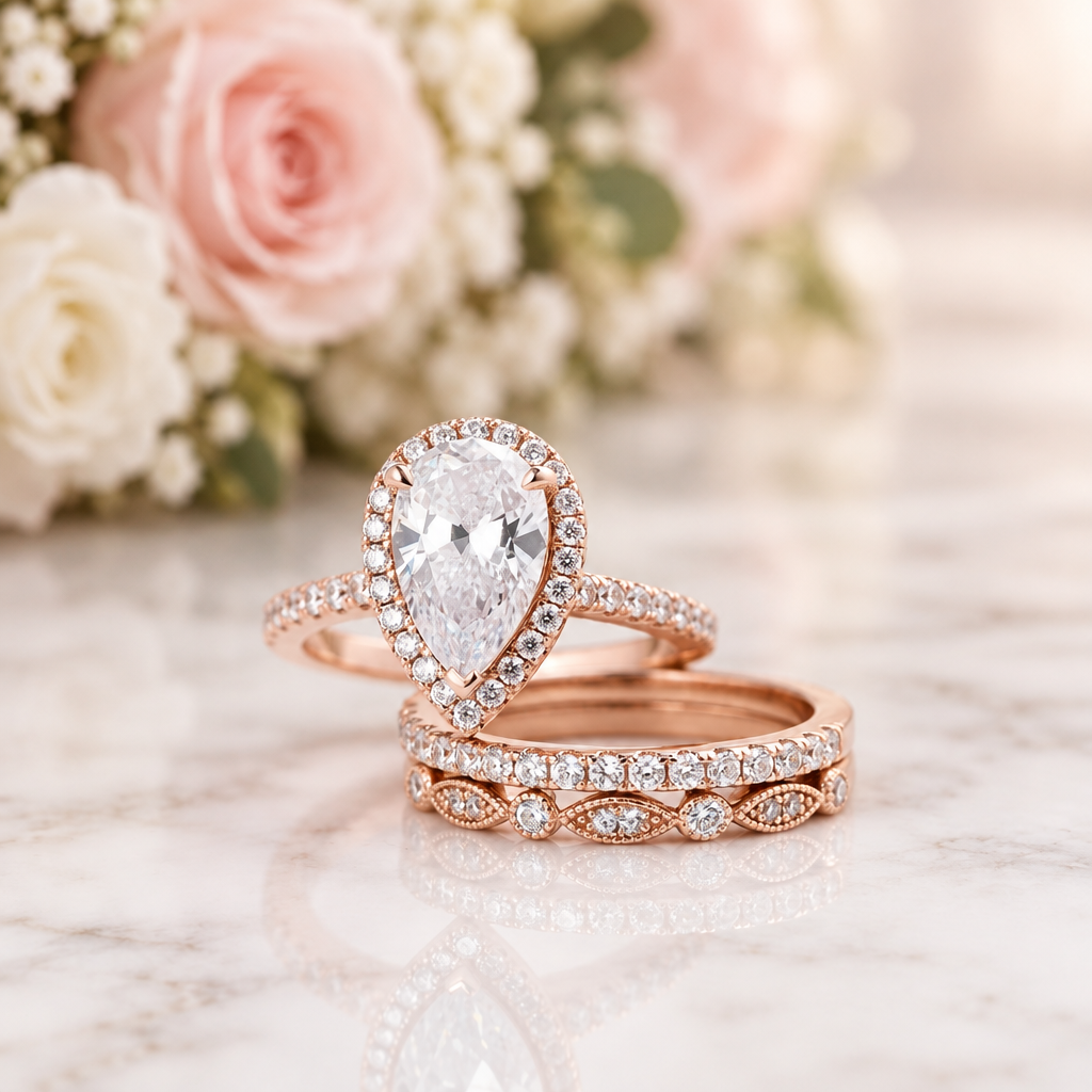 A rose gold engagement ring with a pear-cut center stone and a matching rose gold band with pavé diamonds, displayed on a white marble surface with a blurred bouquet of pink and white roses in the background.
