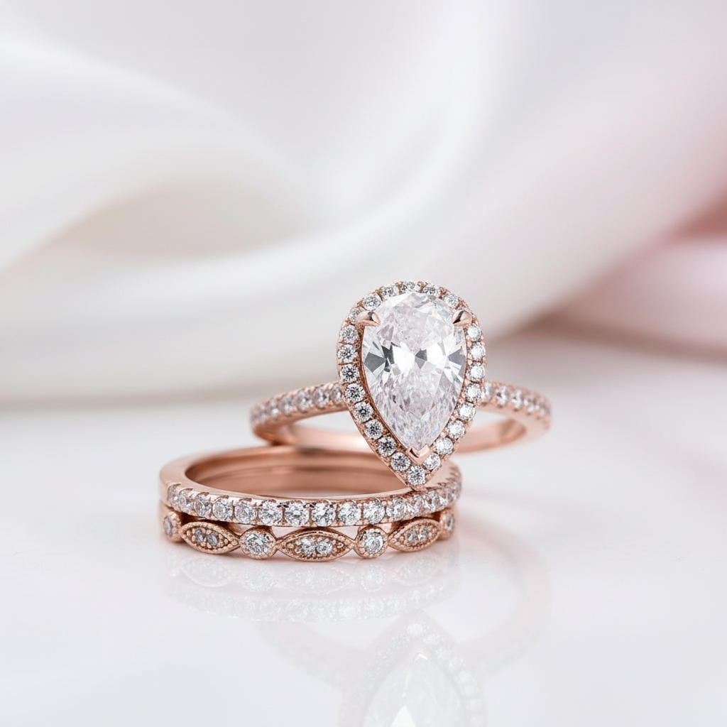 Rose gold ring with a large diamond on a soft white background