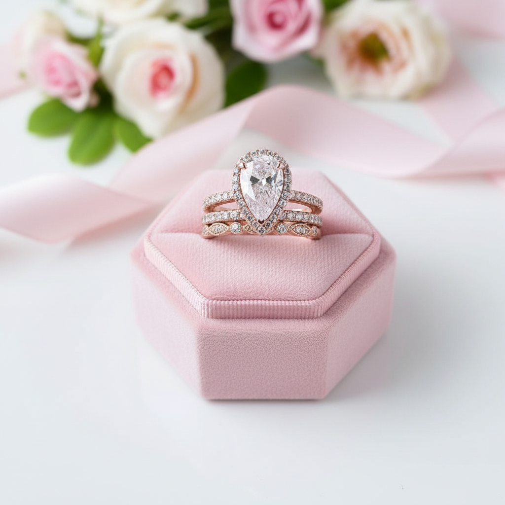 Two diamond rings on a pink velvet box with flowers in the background