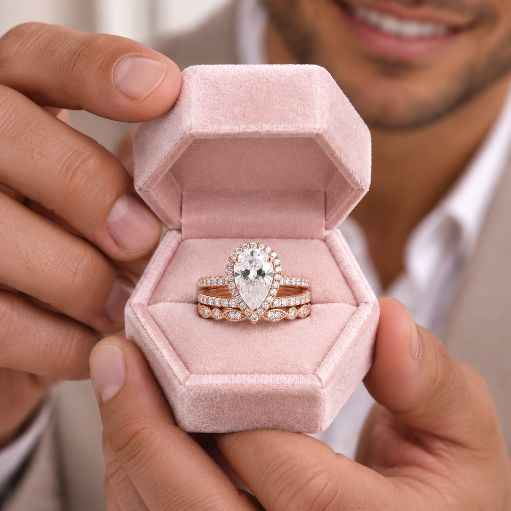A close-up lifestyle shot of a man holding an open pink velvet ring box. Inside the box are a pear-cut diamond engagement ring with a halo of small diamonds and a matching diamond wedding band with rose gold-toned side stones.