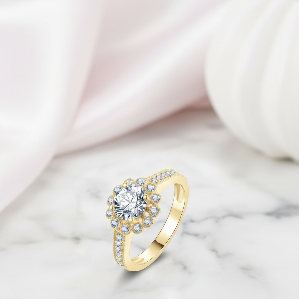 10k Solid Gold 1.0 Ct Diamond Option Flower Engagement Ring-Black Diamonds New York