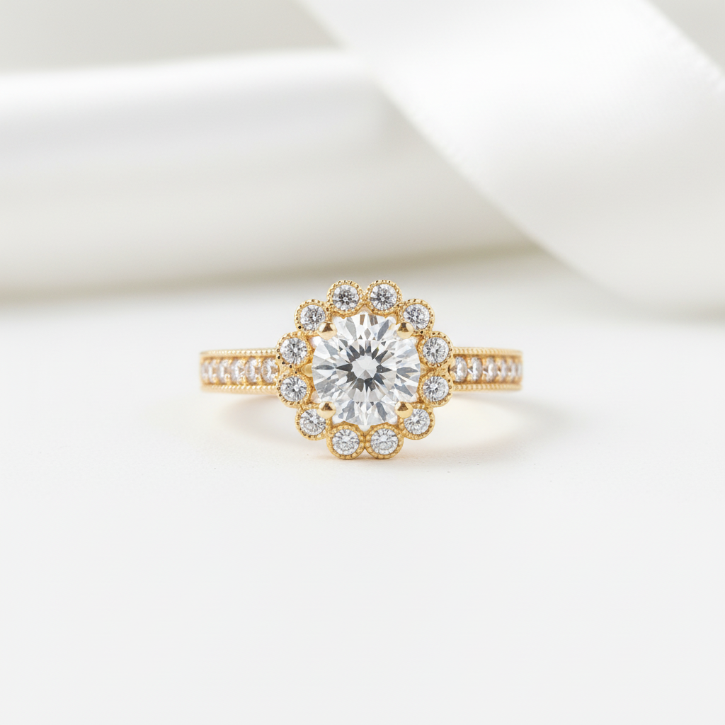 10k Solid Gold 1.0 Ct Diamond Option Flower Engagement Ring-Black Diamonds New York