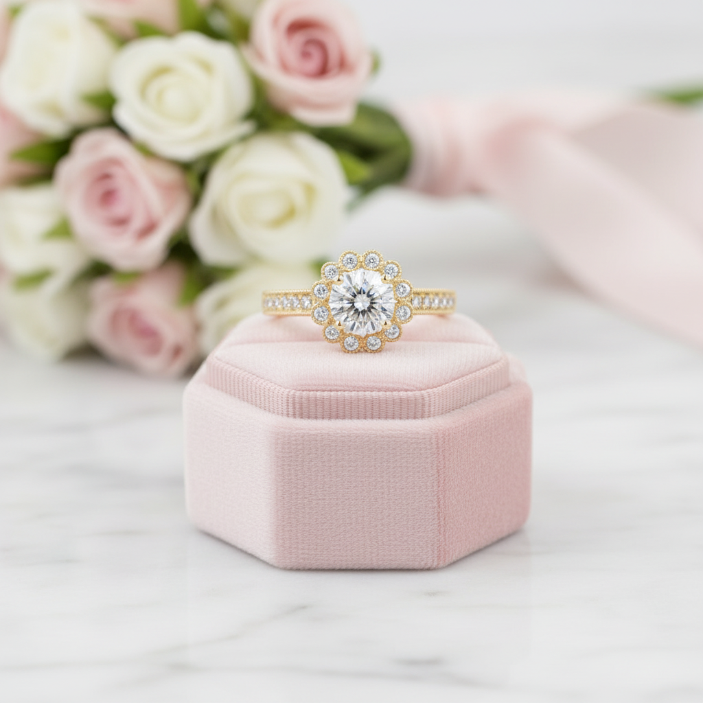 10k Solid Gold 1.0 Ct Diamond Option Flower Engagement Ring-Black Diamonds New York