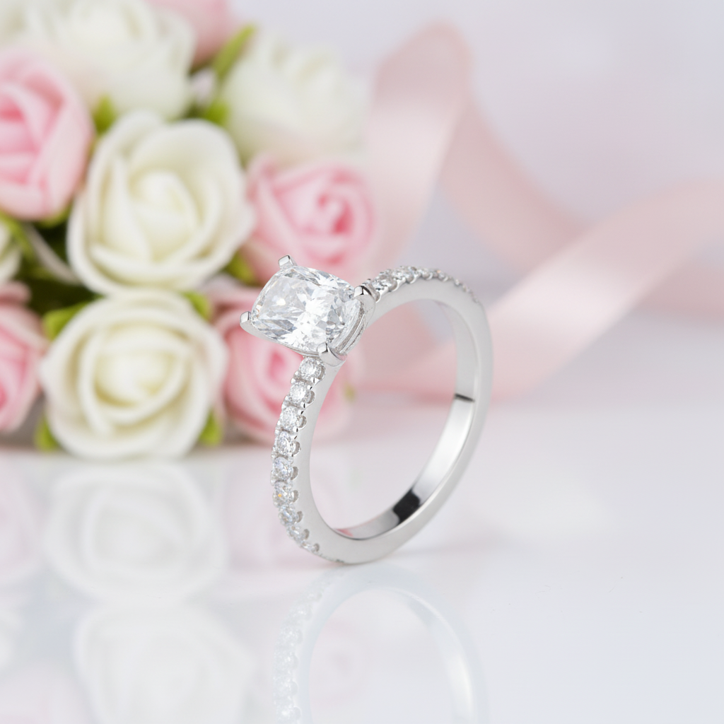 10k White Gold 1.0 Ct Cushion Cut Diamond Option Engagement Ring-Black Diamonds New York