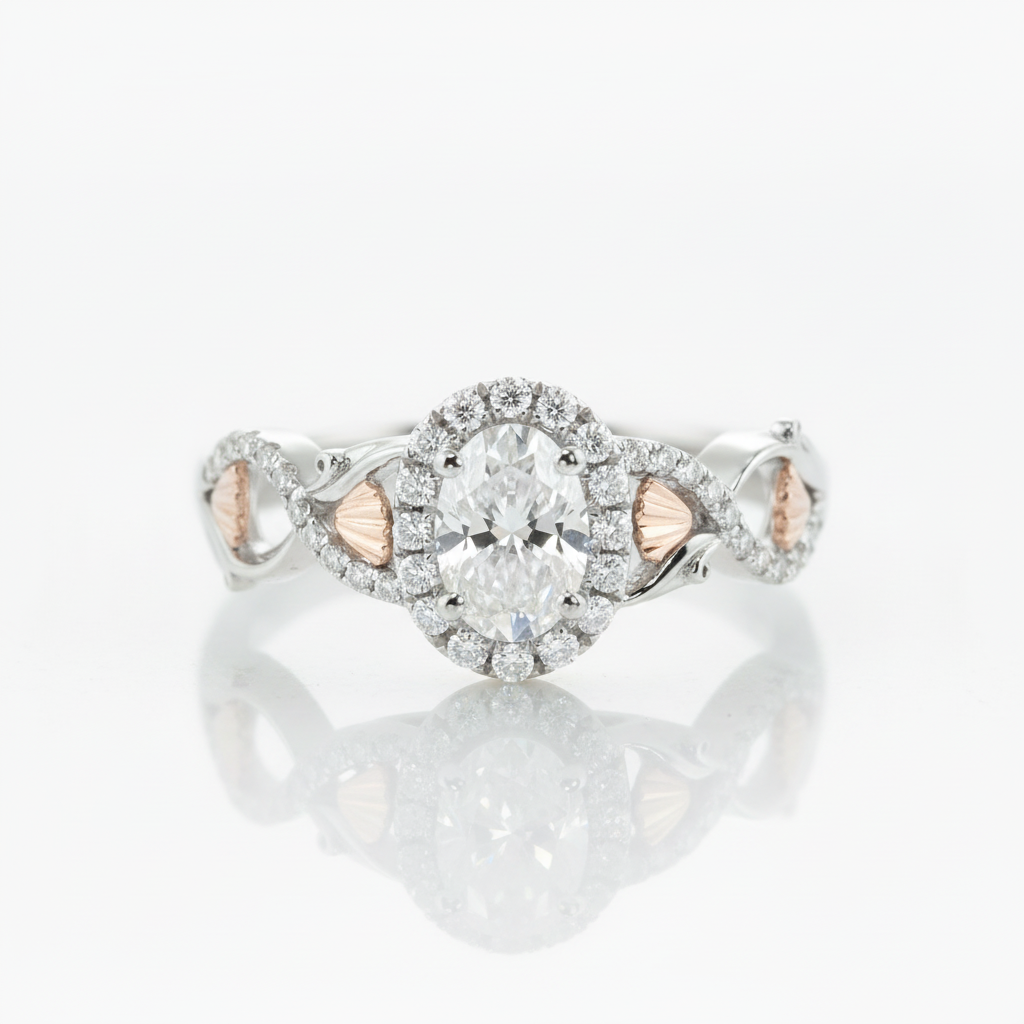 10k White Gold 5*7mm Oval Cut Halo Diamond Option Engagement Ring-Black Diamonds New York