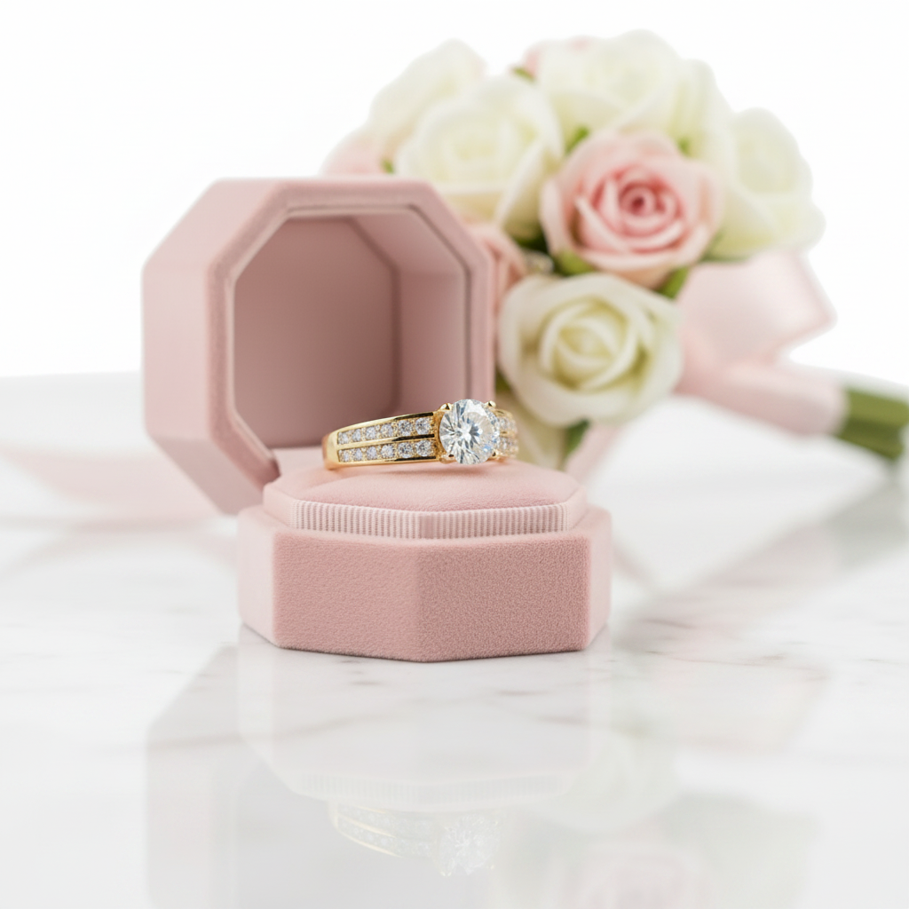 10k Yellow Gold 0.8 Ct Round Cut Diamond Option Double Row Engagement Ring