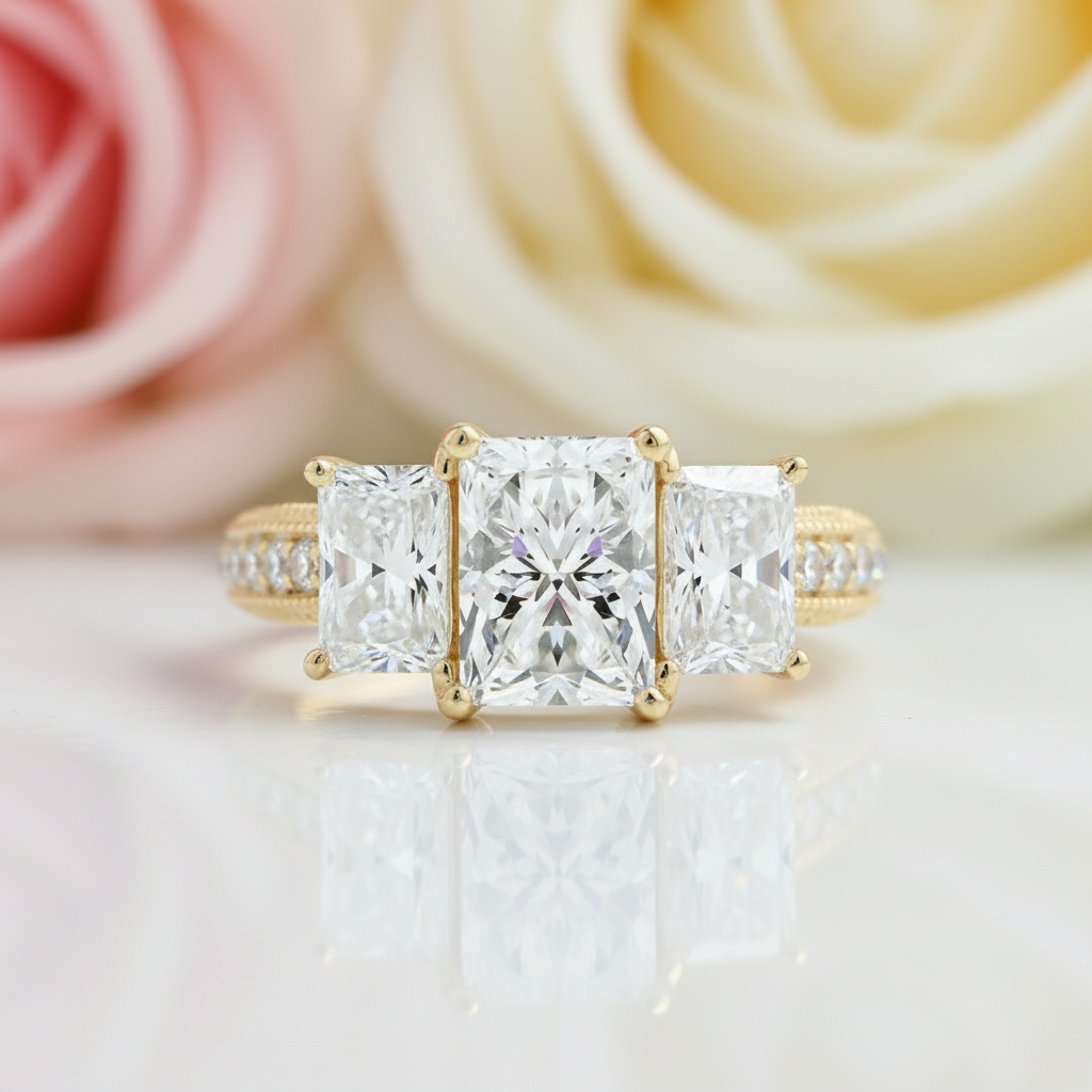 10k Yellow Gold Three Stone Diamond Engagement Ring-Black Diamonds New York