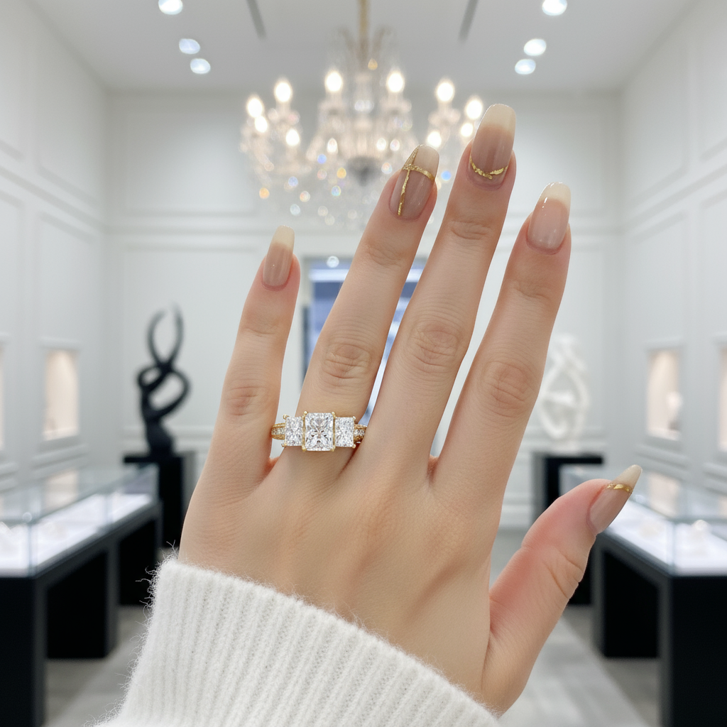 10k Yellow Gold Three Stone Diamond Engagement Ring-Black Diamonds New York