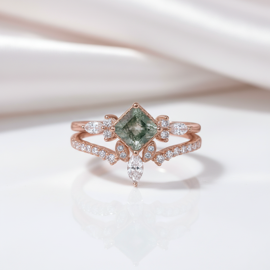 Princess Cut Moss Agate Art Deco Vintage Engagement Ring Set-Black Diamonds New York